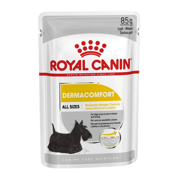 Untitled design - 2025-09-01T135613.582 پوچ سگ درما کامفورت رویال کنین Royal Canin DermaComfort وزن 85 گرم