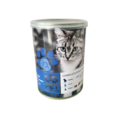 کنسرو مخصوص گربه، حاوی گوشت گوساله، مرغ و بوقلمون، 400 گرمی، یو اس پت