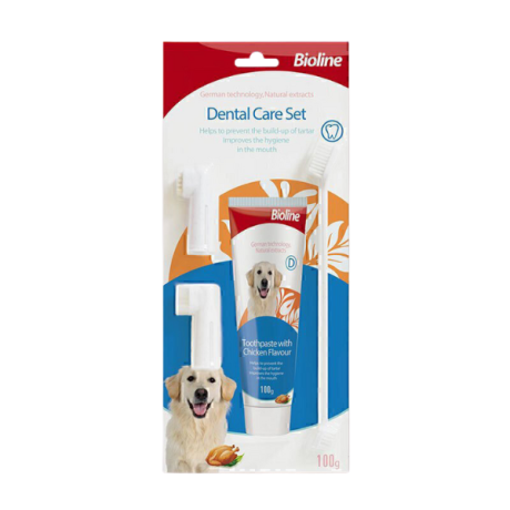 ست مسواک و خمیردندان سگ بایولاین با طعم مرغ Bioline Dental Oral Care Kit With Chicken Flavor وزن 100 گرم