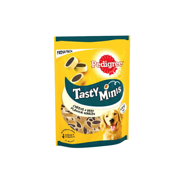 Untitled design - 2025-09-02T194620.562 تشویقی سگ پدیگری با طعم گوشت گاو وپنیر Pedigree Tasty Minis وزن 140 گرم