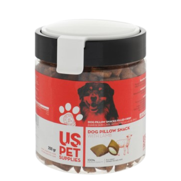 تشویقی بالشی مغز دار سگ یو اس پت مخصوص پوست و مو طعم بره Uspet hair & skin with lamb وزن ۲۰۰ گرم