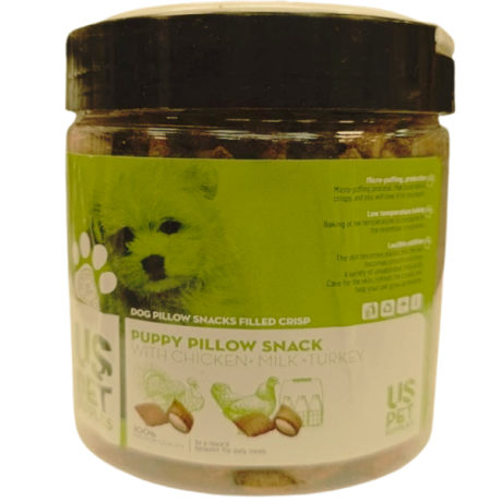 تشویقی بالشی مغز دار توله سگ یو اس پت طعم مرغ، شیر و بوقلمون Uspet with chicken & milk and turkey وزن ۲۰۰ گرم