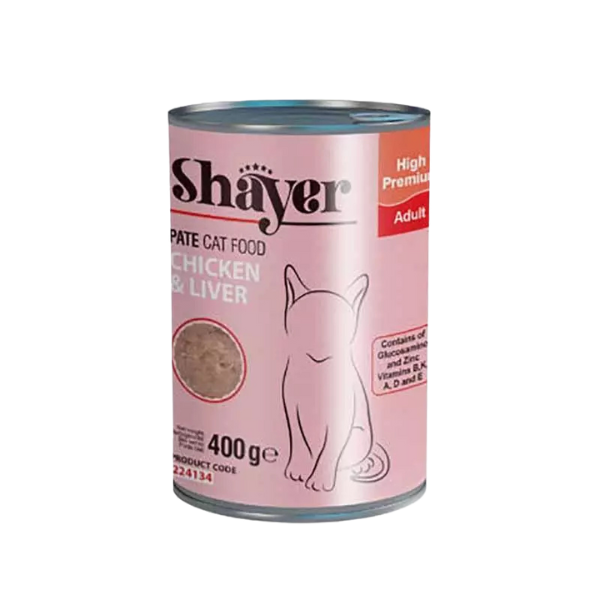 Untitled design (29) کنسرو گربه شایر پته ای طعم مرغ و جگر 400 گرم