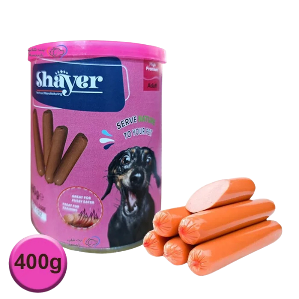 Untitled design (42) کنسرو نچرال سگ شایر با تکه های سوسیس دودی 400 گرمی