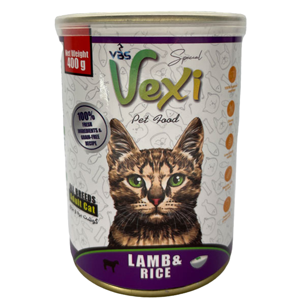 کنسرو گربه وکسی با طعم گوشت بره و برنج-400 گرمی