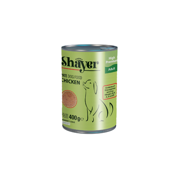 Untitled design (55) کنسرو پته سگ شایر با طعم مرغ وزن 400 گرم