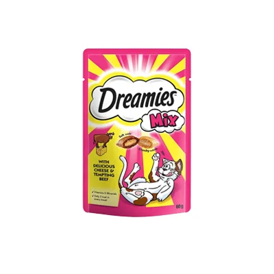تشویقی گربه دریمیز میکس با طعم گوشت گاو و پنیر Dreamies with Beef & Cheese وزن ۶۰ گرم